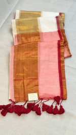Rose-White Serenity-Mul Cotton saree in White & Rose Pink with Golden Zari Border and Tassel Pallu