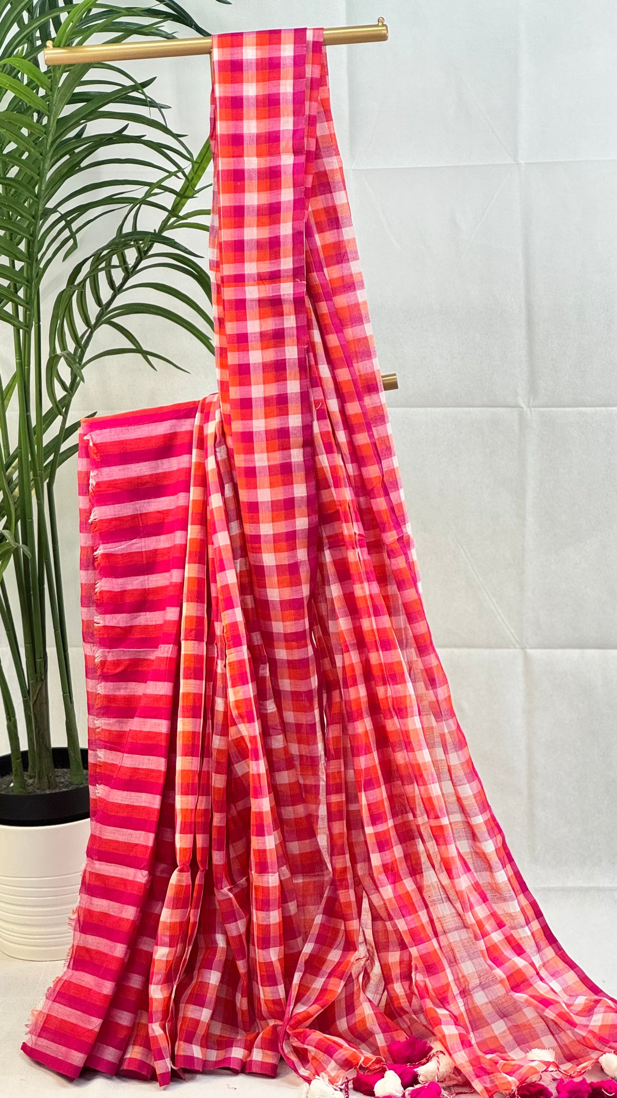 Summer Carnival- Pink & Orange Checkered Mul Cotton Saree with Tassels