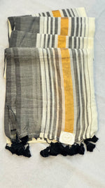 Grey Aura-Mul Cotton Saree with gold & Grey Stripes