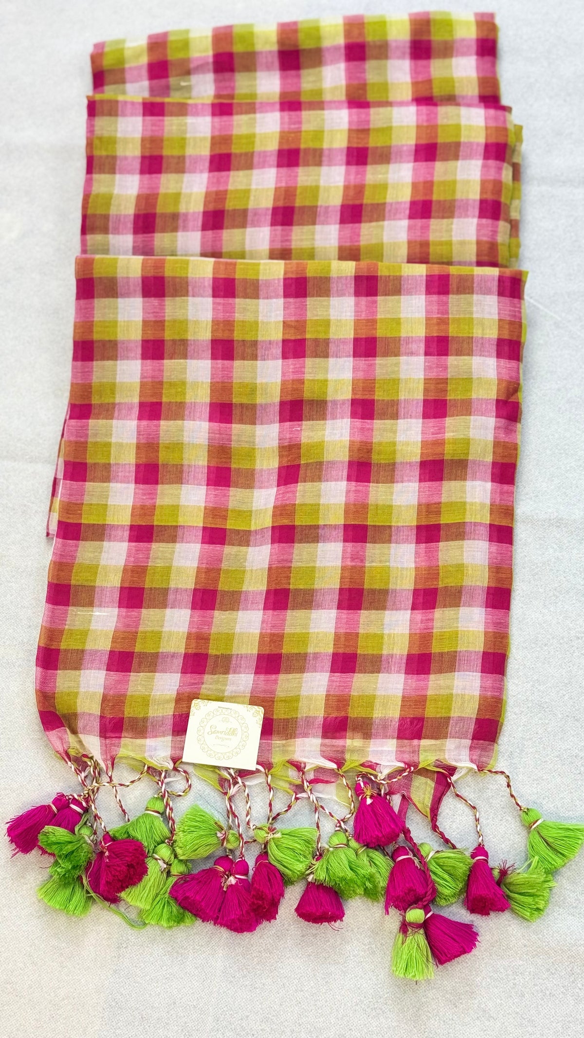 Sunset Carnival-Pink & Olive Checkered Mul Cotton Saree with Tassels