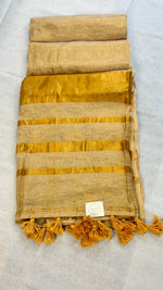 Elegant Linen Tissue Cotton Saree – Golden Beige with Zari Striped Pallu