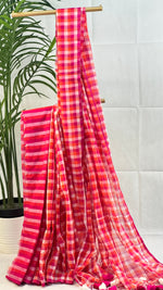 Summer Carnival- Pink & Orange Checkered Mul Cotton Saree with Tassels