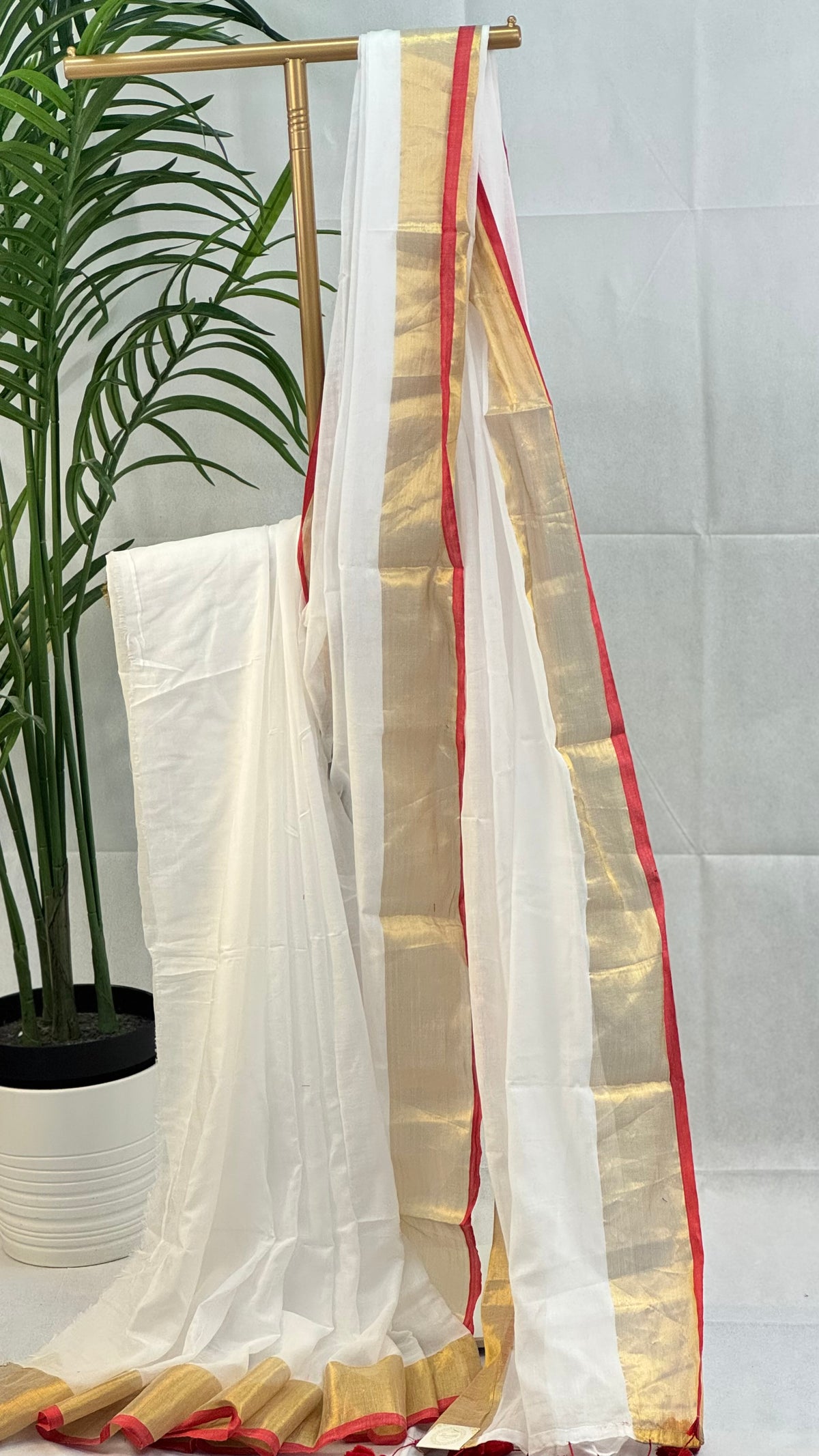 Golden Scarlet - White Mul Cotton Saree with Red Border, Zari Stripe and Tassels